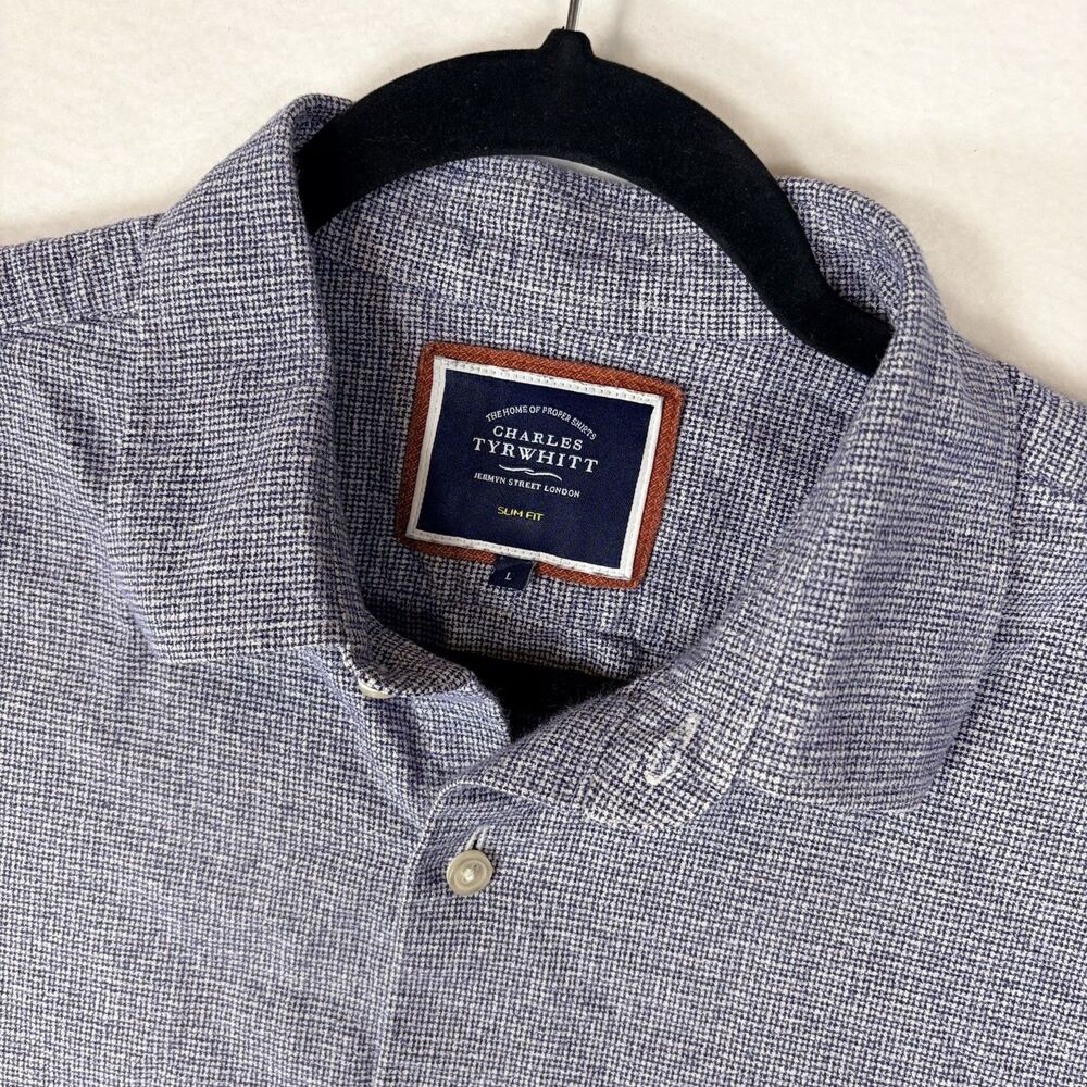 Charles Tyrwhitt Shirt Men L Slim Fit Blue Micro Check Casual Button Down Cotton